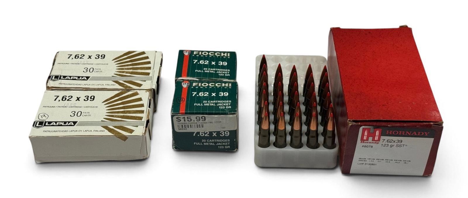 NIB 118rds. of 7.62x39mm High Quality 123gr. Factory Ammunition: (31) Hornady 123gr. SST, (38) Fiocchi 123gr. FMJ Brass, (49) Lapua 123gr. FMJ Brass