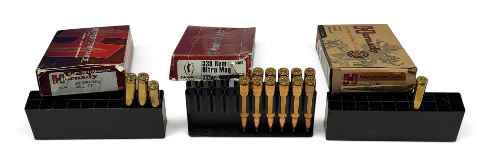 NIB 15rds. of Big Game Rifle Quality Factory Ammunition - .300WM/.338RUM/.458WIN: (3) 300 WIN. MAG. 180gr. SST Hornady, (11) .338 REM. ULTRA MAG. 225gr. AccuBond Nosler Custom, (1) .458 WIN. 500gr. DGX Hornady Superformance