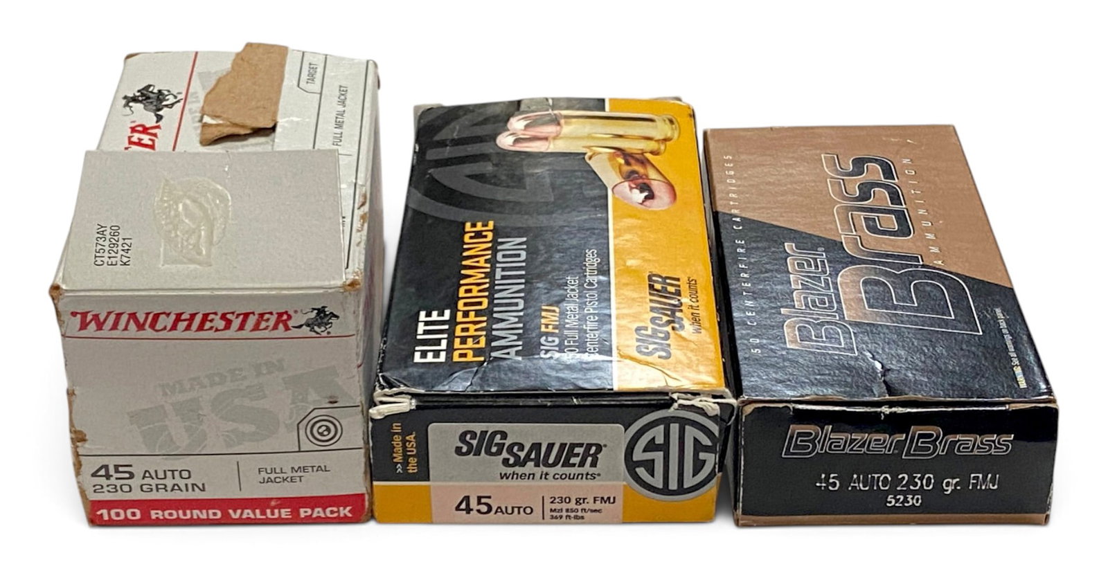 NIB 117rds. of Various .45 AUTO Factory Ammunition: 28rds. Of 230gr. FMJ Blazer Brass, 23rds. 230gr. FMJ Sig Sauer, 1rd. R-P Headstamp, 65rds. 230gr. FMJ Winchester