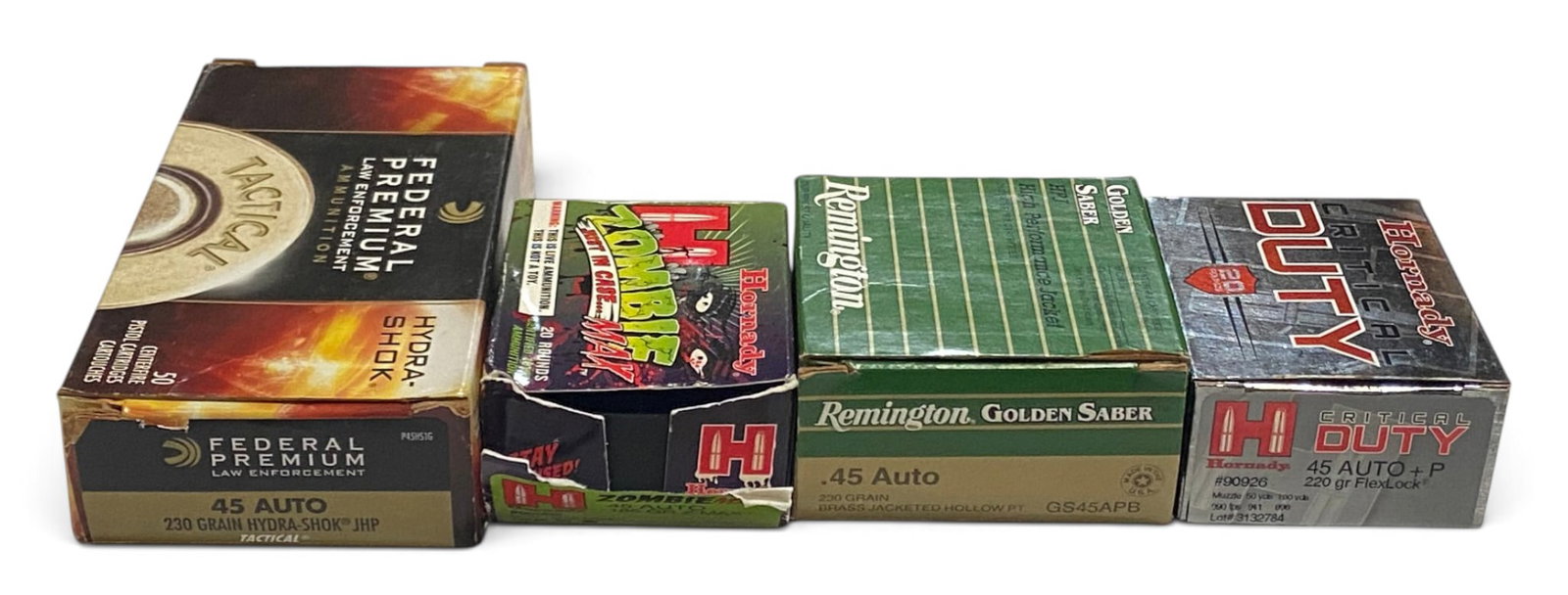 NIB 81rds. of Various .45 AUTO Factory Ammunition: 5rds. 220gr. FlexLock Hornady Critical Duty, 6rds. 185gr. Hornady ZombieMax, 24rds. 230gr. Brass JHP Remington Golden Saber, 46rds. 230gr. Hydra-Shok JHP Federal Premium