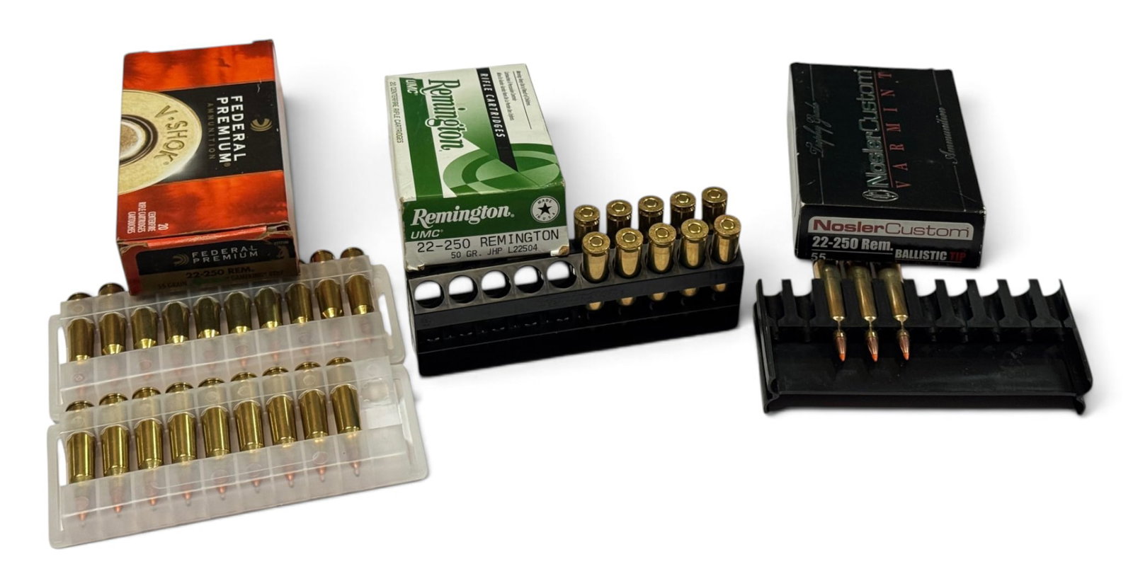 NIB 32rds. of .22-250 REM. High Quality Factory Ammunition: (19) Federal Premium 55gr. Sierra GameKing BTHP, (10) Remington 50gr. JHP, (3) Nosler Custom 55gr. Ballistic Tip Varmint