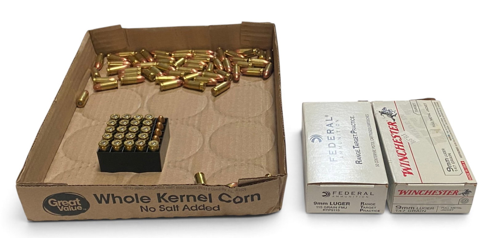 NIB 166rds. of Various Factory 9mm Ammunition: 30rds. 147gr. FMJ Winchester, 50rds. 115gr. FMJ Federal, 31rds. FC, 55rds. R-P