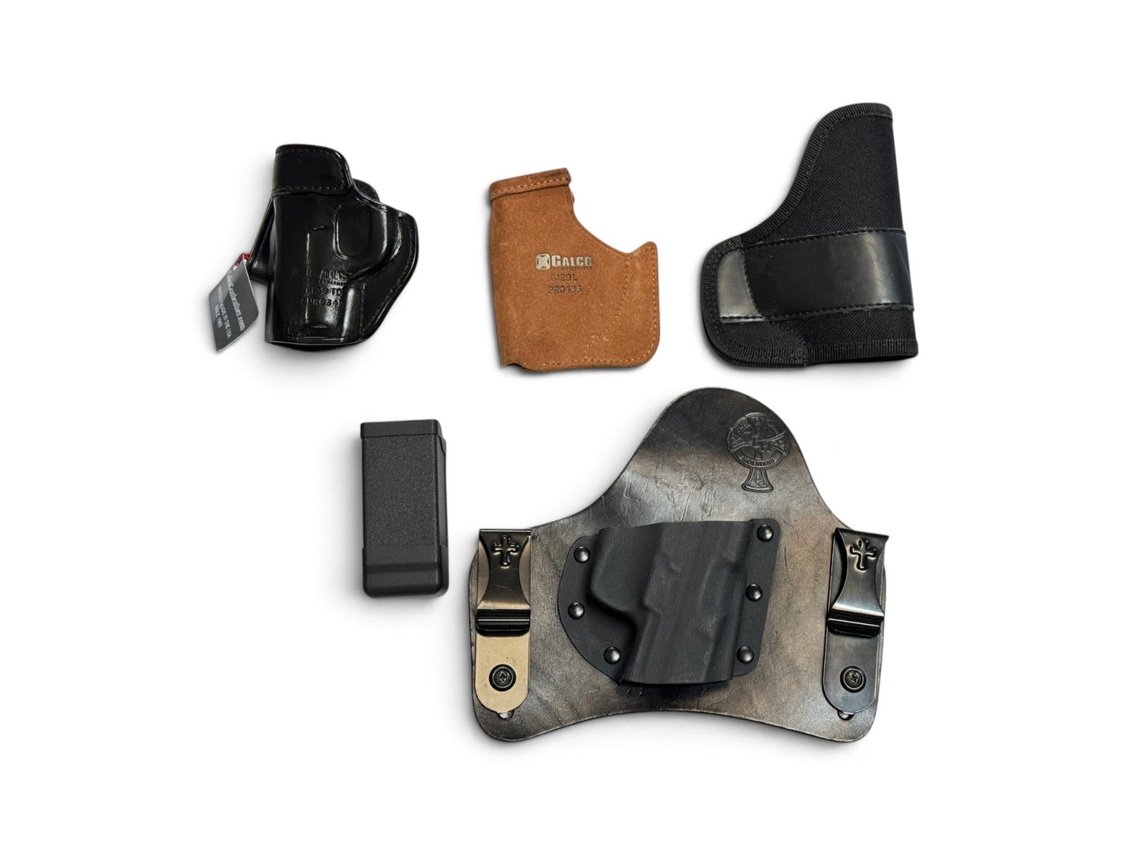 (4) Holsters and (1) Magazine Holder: (1) Galco L139 TD SUM634B | (2) Galco G129L PRO486 | (3) Blackhawk Magazine Holder - QDC C1318 | (4) Crossbreed Holster Gilbert 110576 X
