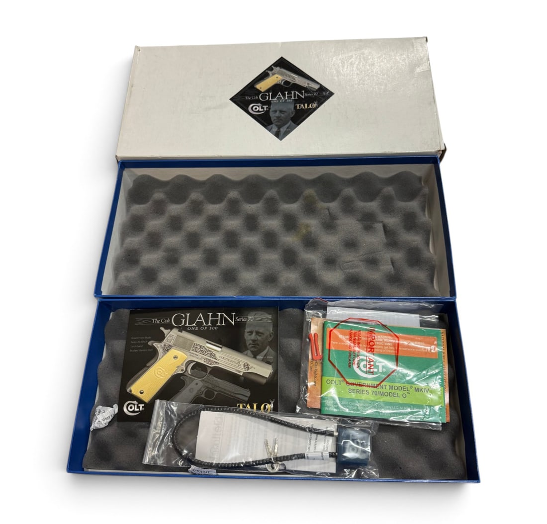 The Colt GLAHN Series 70 1911 1 of 300 Empty Factory Pistol Box: Empty Case for Gun w/ some contents - These blue boxes have been used for mutliple guns and is unmarked. Excellent, like new condition.