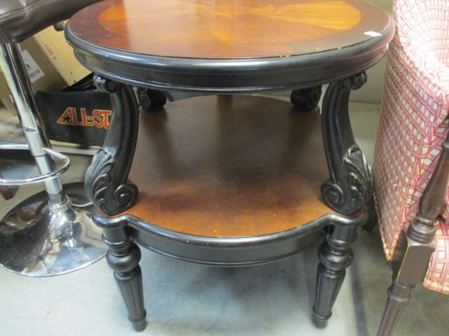 Two Tier Round Wood End Table w/veneer top & scrolled Legs: 25" Diameter 27" H (Surface Scratches)