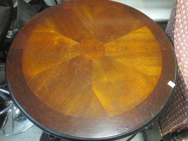 Two Tier Round Wood End Table w/veneer top & scrolled Legs - 2