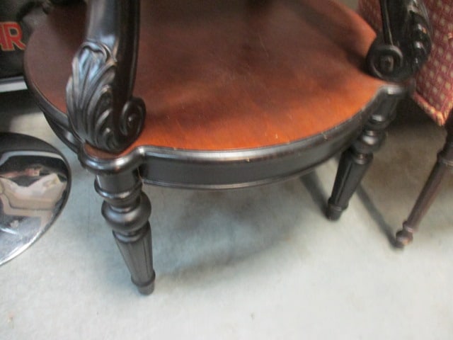 Two Tier Round Wood End Table w/veneer top & scrolled Legs - 4