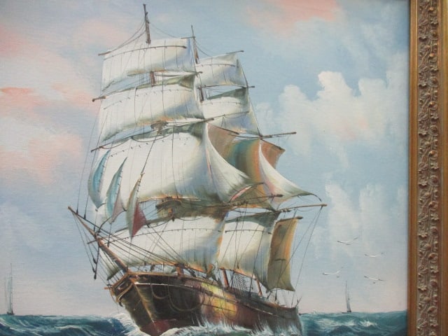 Vtg. Oil Painting Ship Sailing Singed Davis in ornate Frame - 2
