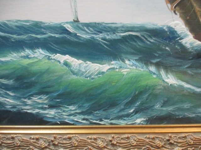 Vtg. Oil Painting Ship Sailing Singed Davis in ornate Frame - 4