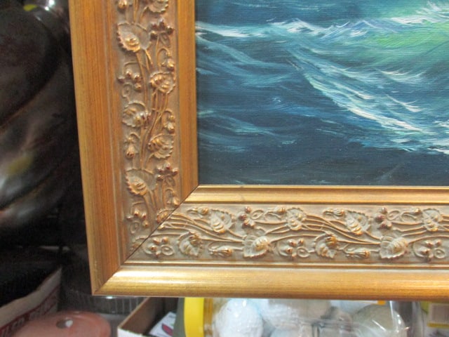 Vtg. Oil Painting Ship Sailing Singed Davis in ornate Frame - 5