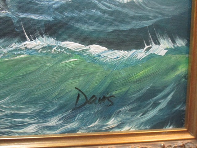 Vtg. Oil Painting Ship Sailing Singed Davis in ornate Frame - 6