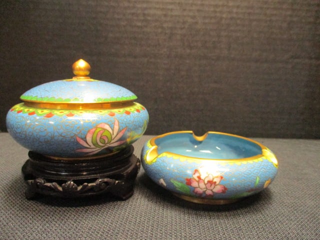 Chinese Cloisonne 'Enamel & Brass Covered Dish & Ashtray: .