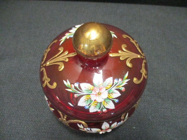 Ruby Red Lidded Jar w/Painted Floral Motif - 2