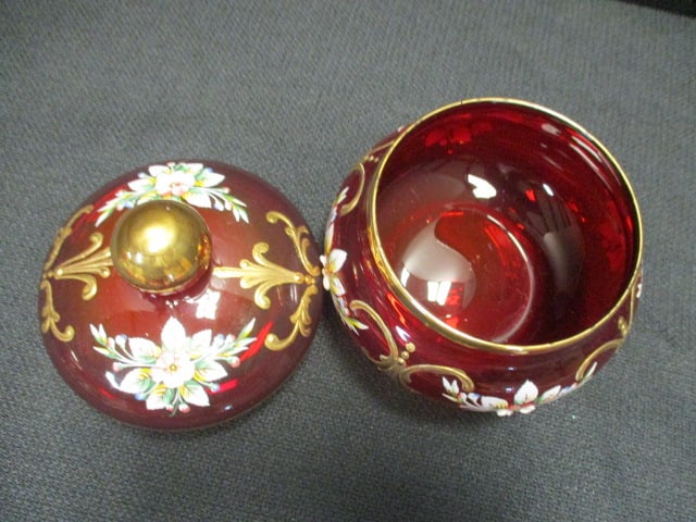 Ruby Red Lidded Jar w/Painted Floral Motif - 3