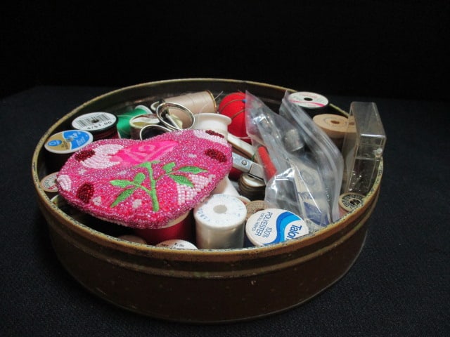 Round Tin w/Beaded Coin Purse & Sewing Sundries: .
