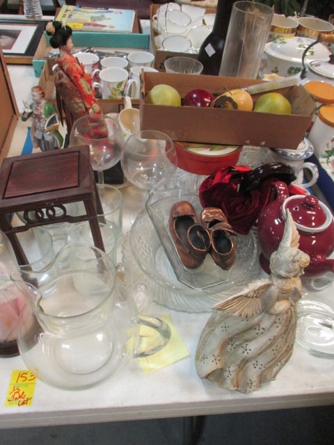 1/2 Table Lot-Teapots, Pitcher, Bowls, Candles, Doll, etc.: See pictures