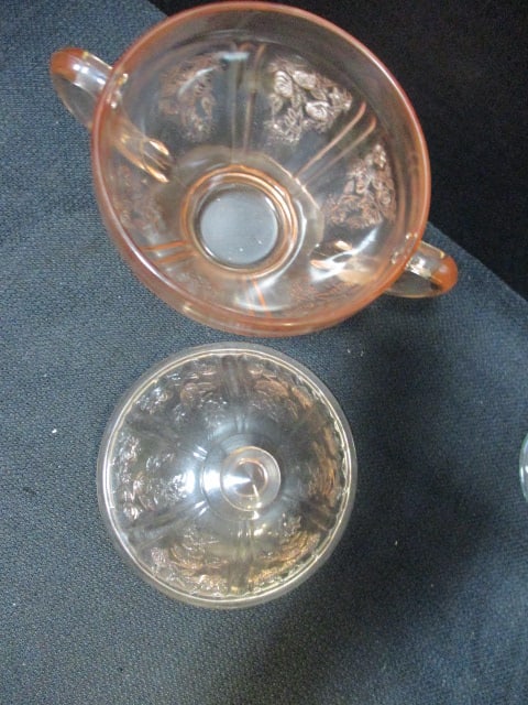 Pink Depression Glass Sugar Bowl, 2 Pink Bud Vases, Green - 6