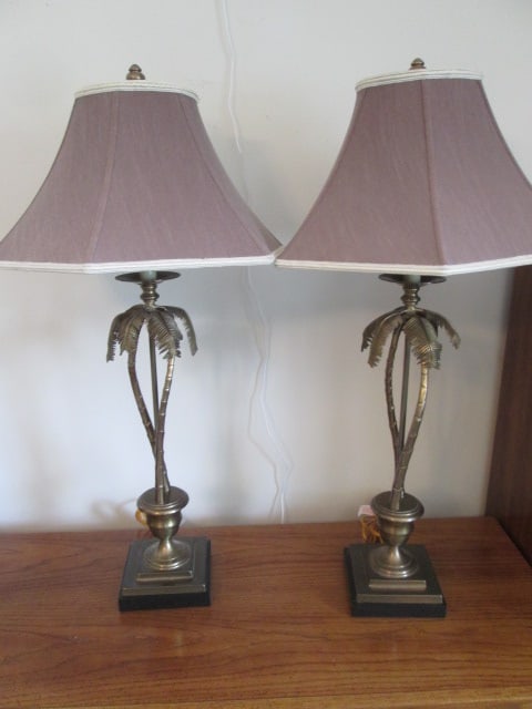 Pair of The Bombay Co. Antique Brass Palm Tree Lamps with Marble Bases: 34"h, Heavy! Local Pickup Only
