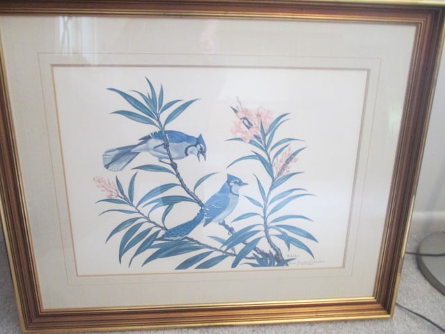 Anne Worsham Richardson Pencil Signed Limited Edition "Blue Jays with Pink Oleander " Print (1 of 4)