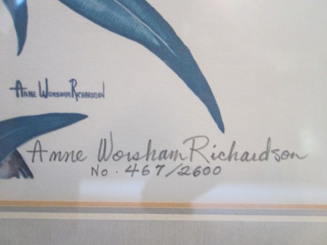 Anne Worsham Richardson Pencil Signed Limited Edition "Blue Jays with Pink Oleander " Print - 3