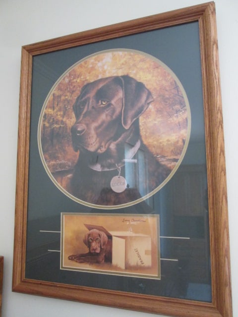 Larry Chandler "Chocolate Lab with Pup" Print: Framed and matted 21" x 26 1/2", Local Pickup Suggested