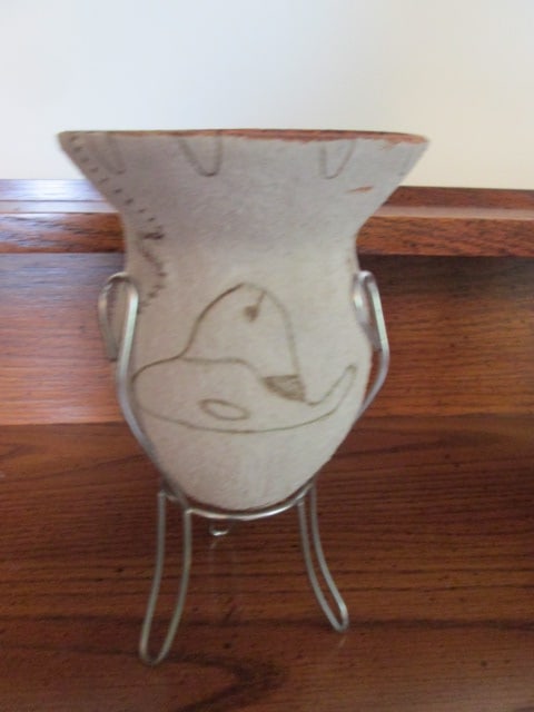Rustic Handcrafted Leather Hide Covered Gourd Vessel with Metal Stand: 7"h
