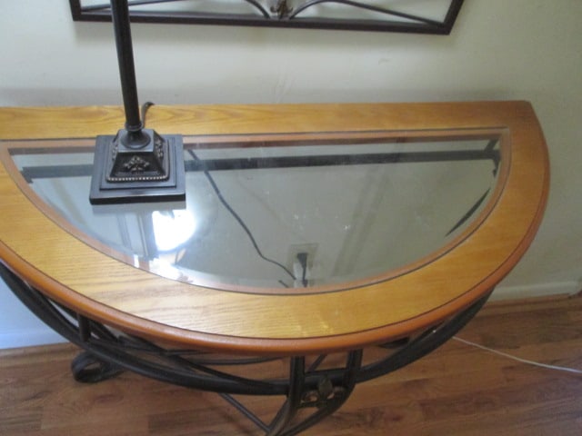 Bronzed Metal 3 Piece Wall Mirror, Demilune Table and Lamp with Fleur-de-Lis Motifs - 3