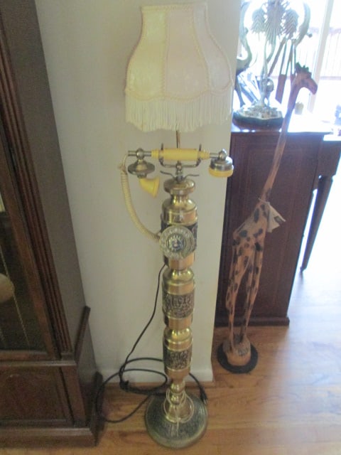 Midcentury Brass Tone Antique Style Rotary Dial Princess Pedestal Floor Telephone Lamp: 53"h, fringe shade, Local Pickup Only