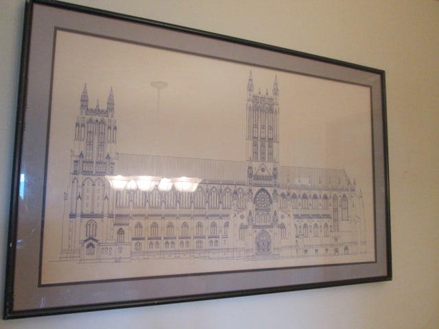 Framed Blue-Line Architectural Line Elevation Drawing of Washington National Cathedral: 39" x 25 1/4", some scuffs on frame, Local Pickup Suggested