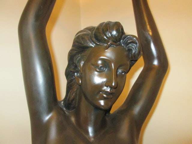 Bronze Tone Art Nouveau Revival Mermaid Figural Torchiere Floor Lamp with Frosted Glass Shade - 12