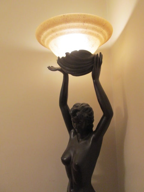 Bronze Tone Art Nouveau Revival Mermaid Figural Torchiere Floor Lamp with Frosted Glass Shade - 14