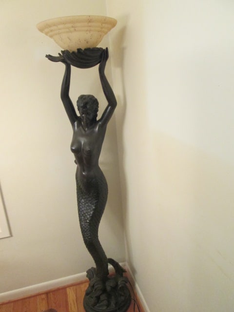 Bronze Tone Art Nouveau Revival Mermaid Figural Torchiere Floor Lamp with Frosted Glass Shade - 16