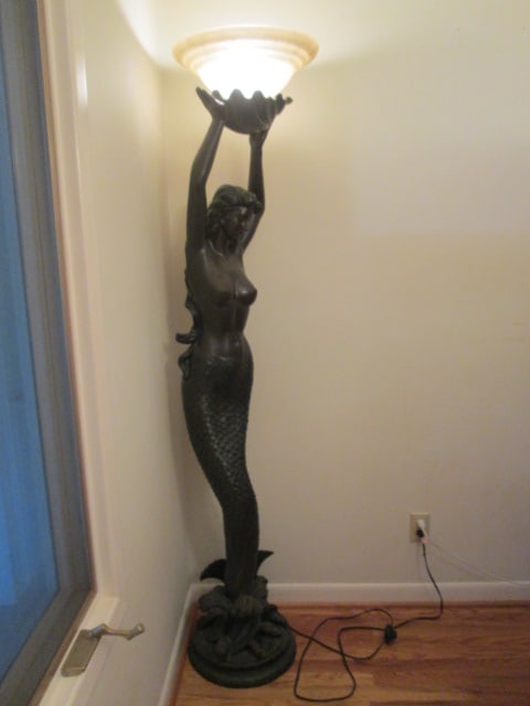 Bronze Tone Art Nouveau Revival Mermaid Figural Torchiere Floor Lamp with Frosted Glass Shade: 73 1/4"h, foot switch control, Heavy! Local Pickup Only