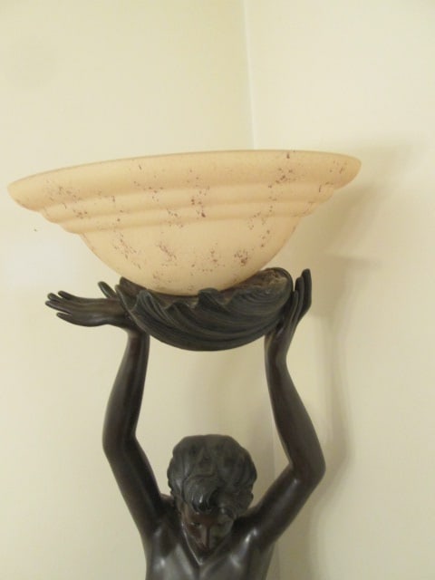 Bronze Tone Art Nouveau Revival Mermaid Figural Torchiere Floor Lamp with Frosted Glass Shade - 4
