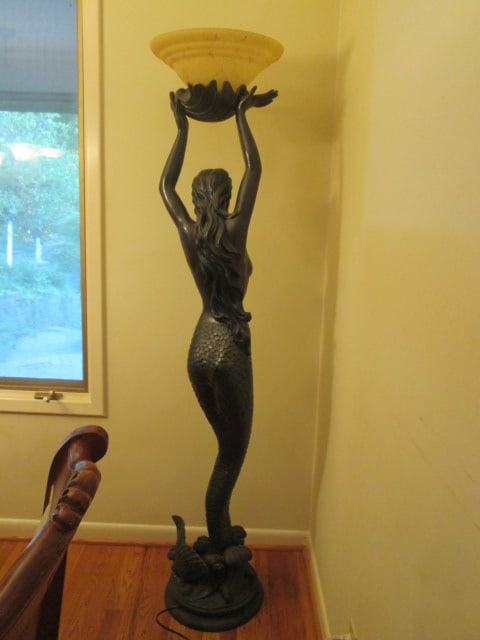 Bronze Tone Art Nouveau Revival Mermaid Figural Torchiere Floor Lamp with Frosted Glass Shade - 6