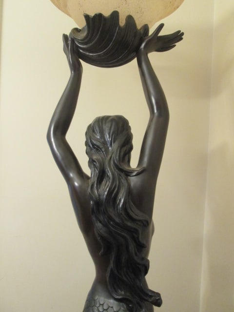 Bronze Tone Art Nouveau Revival Mermaid Figural Torchiere Floor Lamp with Frosted Glass Shade - 7