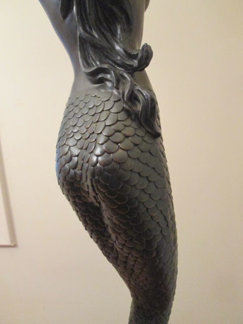 Bronze Tone Art Nouveau Revival Mermaid Figural Torchiere Floor Lamp with Frosted Glass Shade - 8