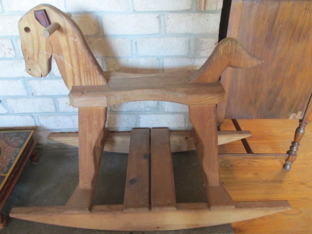 Folk Art Wooden Rocking Horse with Leather Ears: 36" long x 17" x 27"