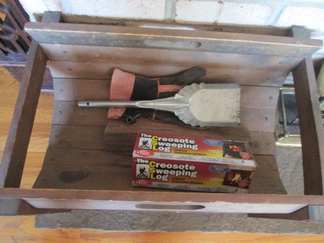 Brass Fireplace Set, Wood Barrel Form Kindling Box, Galvanized Ash Shovel, Leather Glove - 2