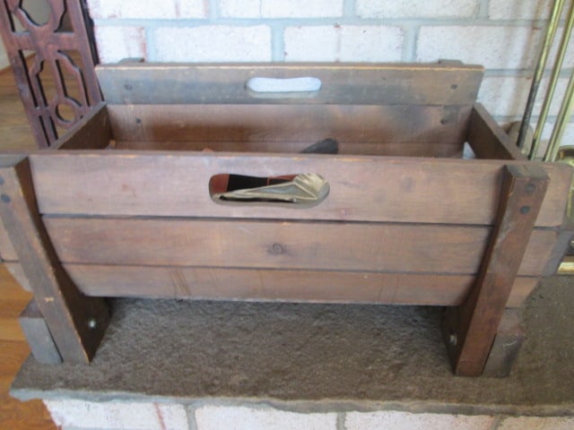Brass Fireplace Set, Wood Barrel Form Kindling Box, Galvanized Ash Shovel, Leather Glove - 3