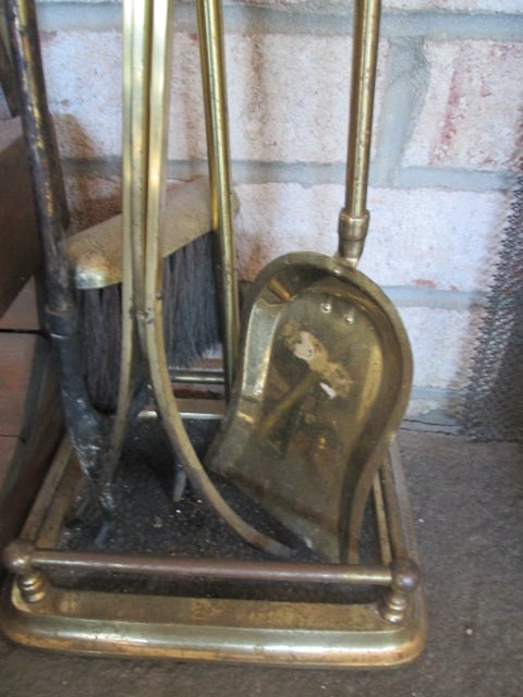 Brass Fireplace Set, Wood Barrel Form Kindling Box, Galvanized Ash Shovel, Leather Glove - 4