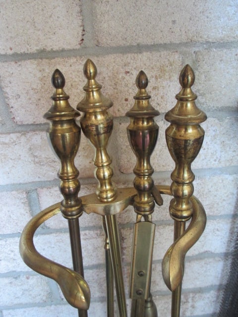 Brass Fireplace Set, Wood Barrel Form Kindling Box, Galvanized Ash Shovel, Leather Glove - 5