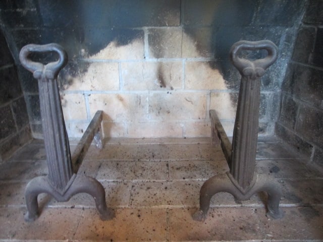 Pair of Heavy Lodge+B110 Cast Iron Andirons: 18"h, Local Pickup Only