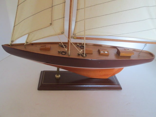 Handpainted Wooden Sailboat Scaled Model on Wood Stand - 2