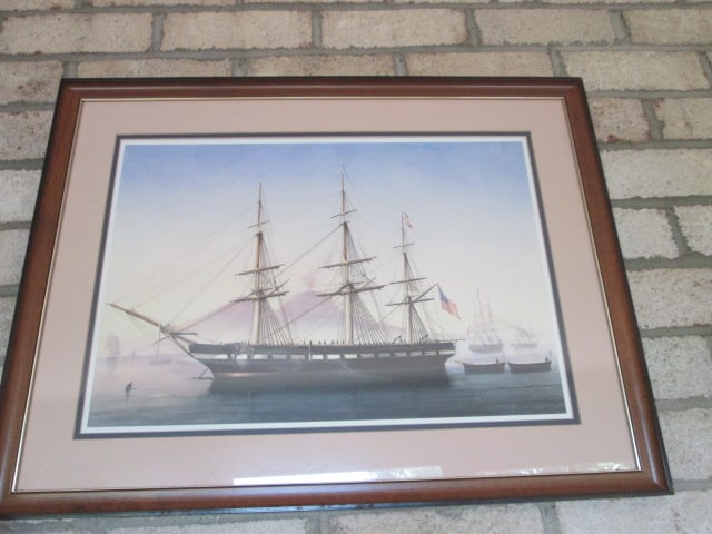 Lithograph Print of "USS Constellation at Anchor in Naples Harbor" by Tomasso Di Simone: Framed and matted 25 1/2" x 19 1/2"