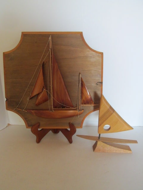 Hand Carved Wooden Sailboat Sculpture and Dimensional Cedar Sailboat Wall Plaque: Sculpture 7 3/4"h, Plaque 13" square