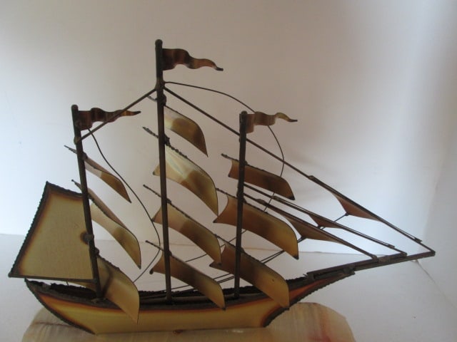 Midcentury DeMott Signed Brass Clipper Ship Sculpture on Marble Base - 5