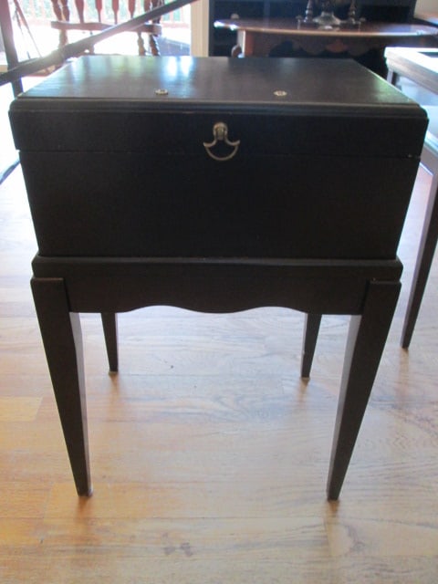 2 Piece Mahogany Humidor Box with Stand: 14 3/4" x 10 3/4" x 21 1/2"(overall measurements), humidor14" x 10" x 6 1/4", Possibly The Bombay Company, some scratches and nicks, includes cigar snips in original box