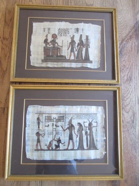 Two Framed and Matted Egyptian Papyrus Drawings: 19 1/2" x 15 1/4"