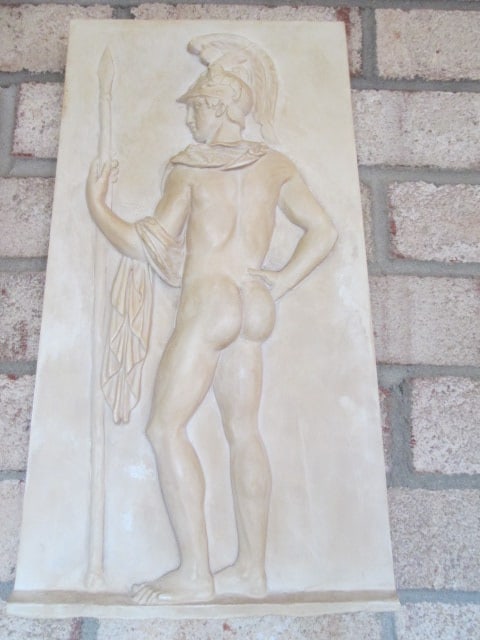 Neoclassical Greco-Roman Warrior Bas-Relief Chalkware Wall Plaque: 10 1/2" x 17 3/4"